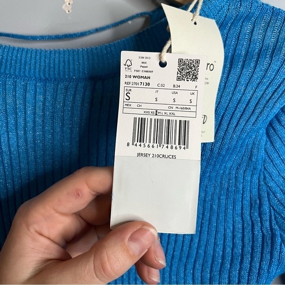 Mango Lace Up Back Cut Out Fine Ribbed Knit Sky Blue Sweater Size Small NWT - Picture 11 of 16